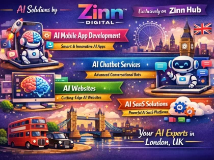 Titelbild des Zinn Hub®-Dienstes „AI mobile app development, AI chatbot, AI website, AI SaaS by Zinn Digital®“