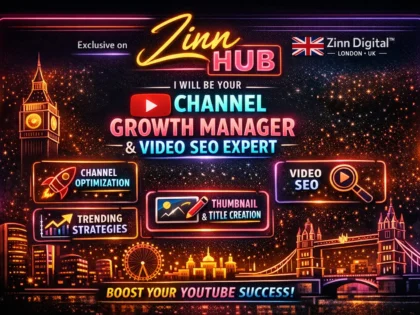 Imej kulit untuk perkhidmatan Zinn Hub® “I Will Be Your YouTube Channel Growth Manager and Video SEO Expert”