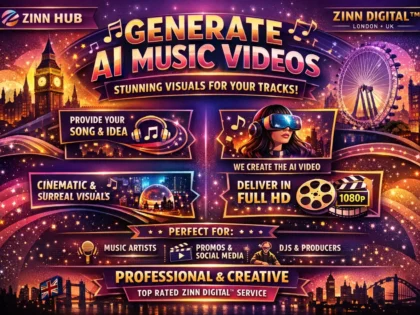 د ⁨Zinn Hub®⁩ خدمت د "I Will Create an AI-Generated Music Video for Your Track" پوښښ عکس