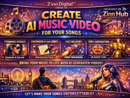 د ⁨Zinn Hub®⁩ خدمت د "I Will Create a Stunning AI Music Video for Your Song" پوښښ عکس