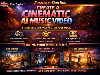 د ⁨Zinn Hub®⁩ خدمت د "I Will Create a Cinematic AI Music Video in HD" پوښښ عکس
