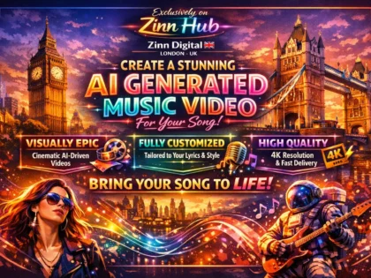 د ⁨Zinn Hub®⁩ خدمت د "I Will Create a Stunning AI Music Video for Your Song" پوښښ عکس