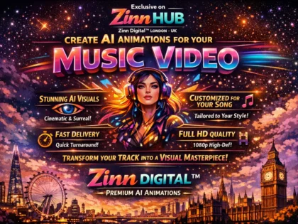 د ⁨Zinn Hub®⁩ خدمت د "I Will Create a Retro-Futuristic AI Animation for Your Music Video" پوښښ عکس