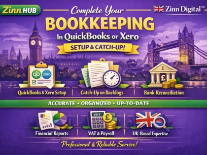 Zinn Hub® 서비스 “I Will Handle Your Bookkeeping in QuickBooks or Xero”의 표지 이미지