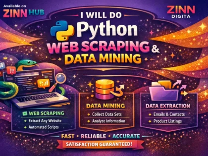 Cover image of the Zinn Hub® service “do python web scraping, data scraping, data mining, web scraper”