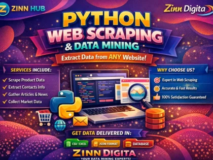 Cover image of the Zinn Hub® service “do python web scraping data mining from any website”