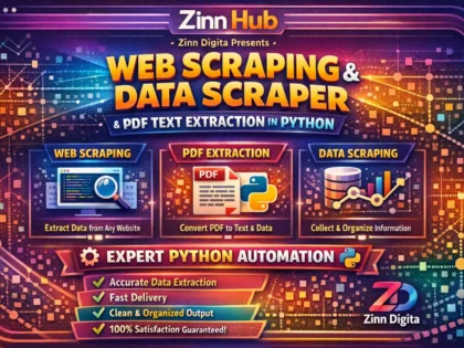 Image de couverture du service Zinn Hub® « do web scraping, data scraper, pdf text extraction in python »