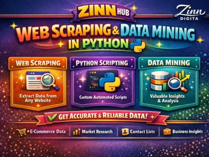 Cover image of the Zinn Hub® service “web scraping, python web scraping, data scraping, and data mining in python”