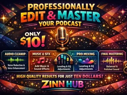 Обложка услуги Zinn Hub® «professionally edit and master your podcast for 10 dollars»