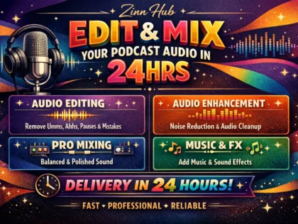 Обложка услуги Zinn Hub® «edit and mix your podcast audio in 24hrs»
