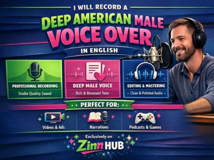 Обложка услуги Zinn Hub® «record a deep american male voice over in english»