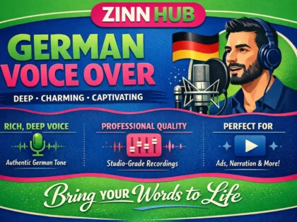 Обложка услуги Zinn Hub® «produce a male german voice over in a deep, charming voice»