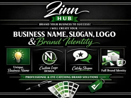 Image de couverture du service Zinn Hub® « create your business name, slogan, logo and brand identity »