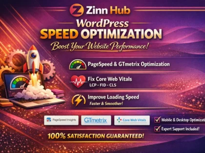 Корица на услугата „do wordpress speed optimization pagespeed, gtmetrix and fix core web vitals“ на Zinn Hub®