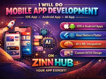 Корица на услугата „do mobile app development ios app android app with react native flutter ai app“ на Zinn Hub®