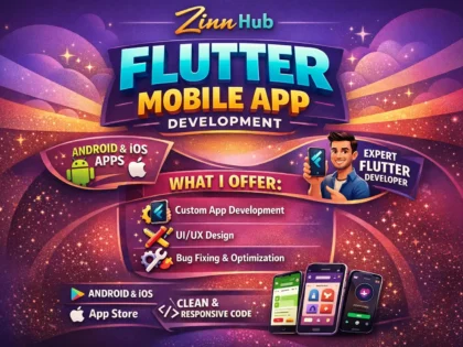 Cover image of the Zinn Hub® service “do flutter mobile app development android ios app development, flutter developer”