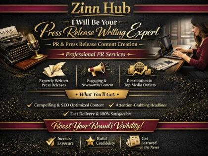 Image de couverture du service Zinn Hub® « be your press release writing expert for PR and press release content creation »
