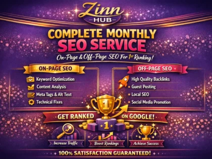 Imej kulit untuk perkhidmatan Zinn Hub® “provide complete monthly SEO service with onpage and off page for 1st ranking”