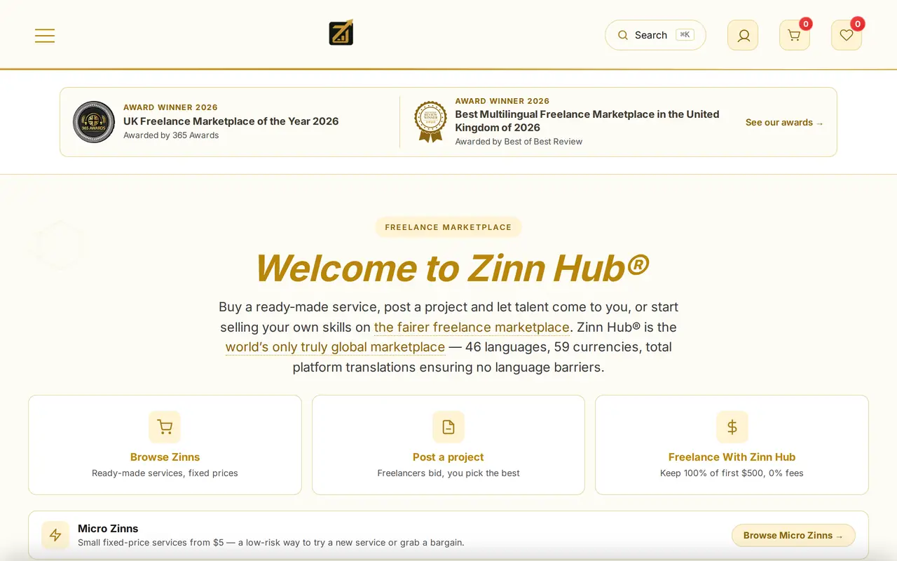 Началната страница на zinnhub.com: купете готова услуга, публикувайте проект или продавайте уменията си