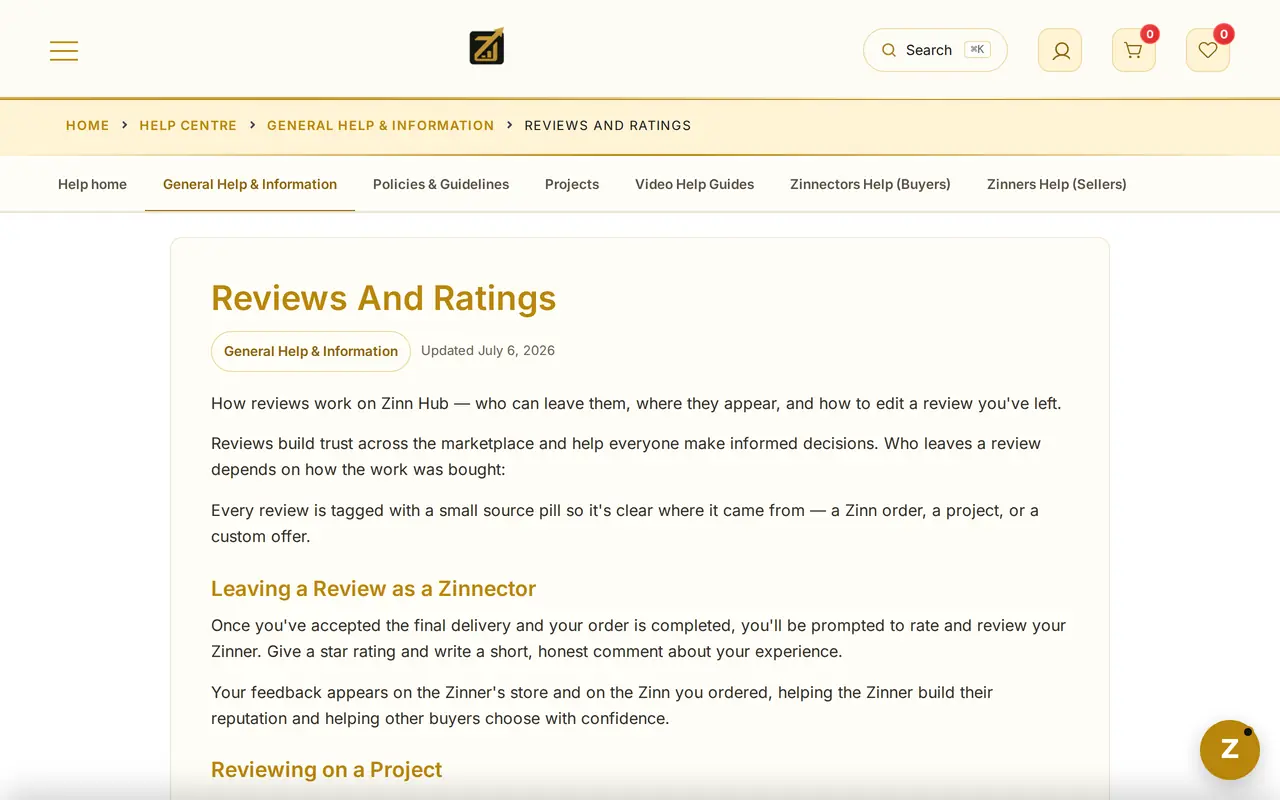 Zinn Hub®'s help article on how reviews and ratings work