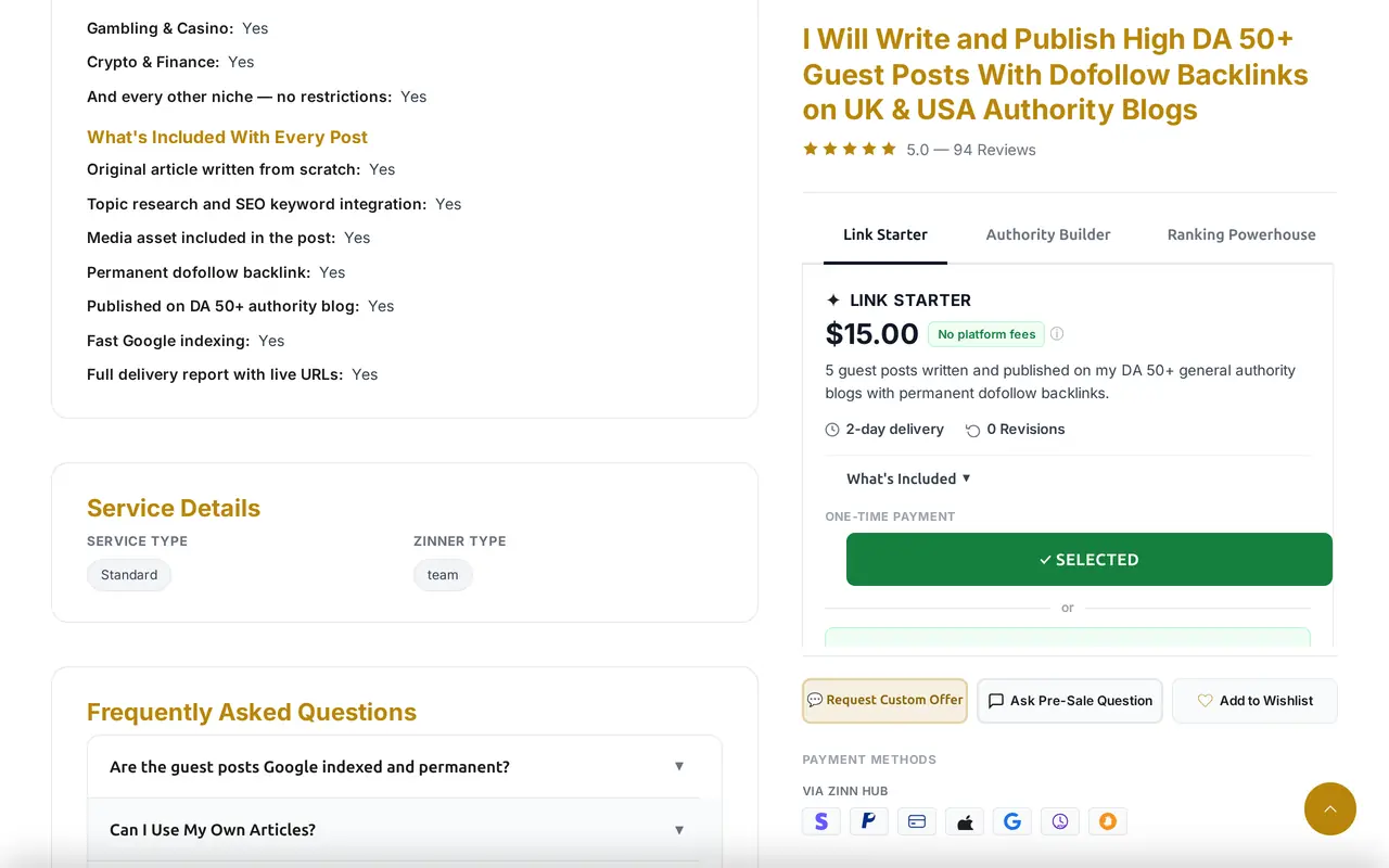 Страница за услуга в Zinn Hub® с нейната оценка със звезди, брой отзиви, пакети и цена