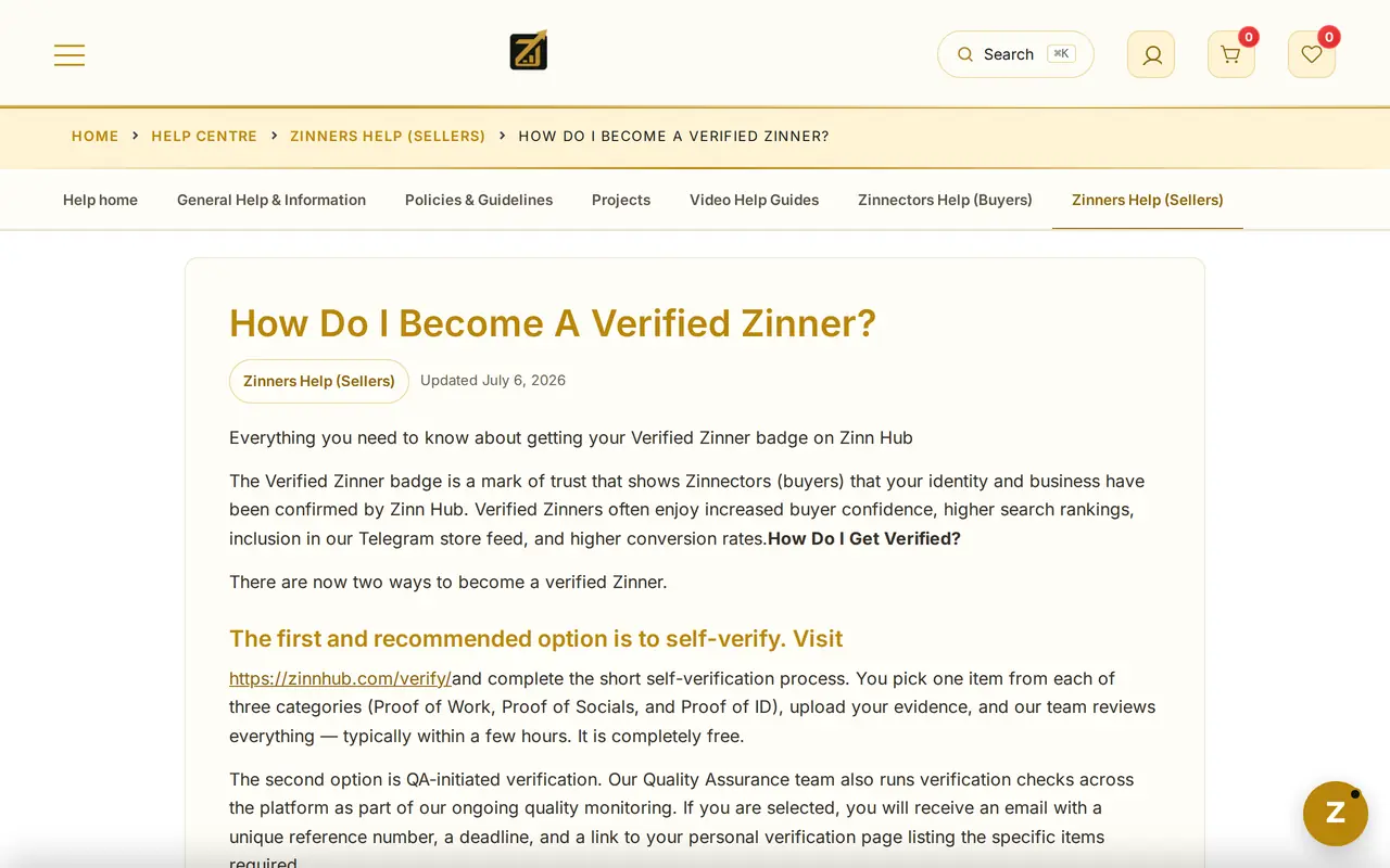 Zinn Hub®关于成为已验证商家的帮助文章